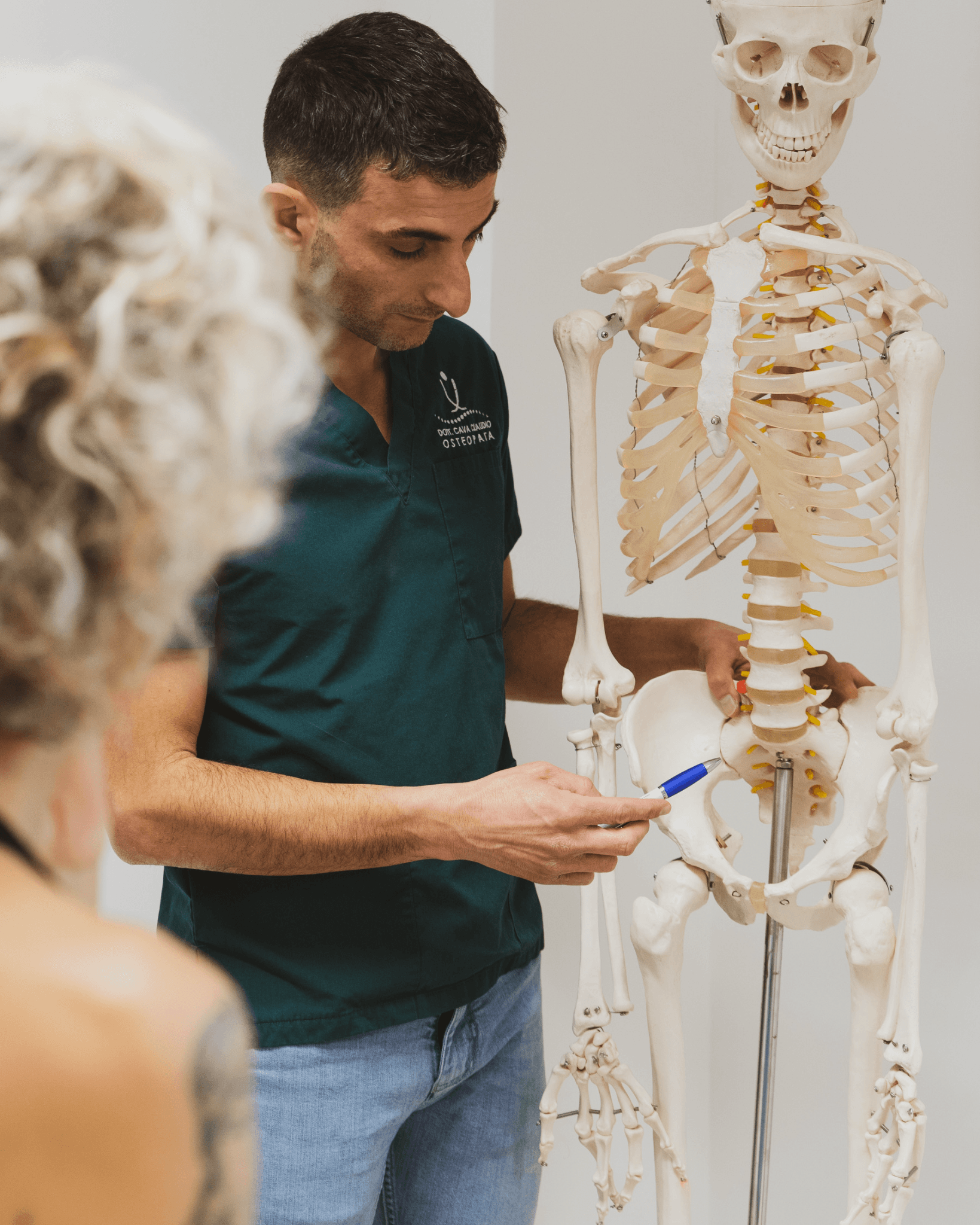 Claudio Cava, osteopata, mostra l'anatomia della colonna vertebrale